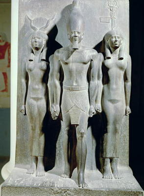 Triad of Menkaure (Mycerinus) with the goddess Hathor and the goddess of the Aphroditopolis nome, ta a 4th Dynasty Egyptian