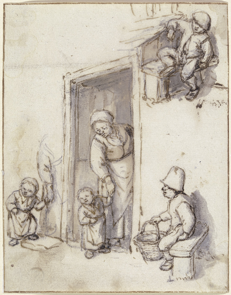 Studienblatt: Eine Mutter und ihre Tochter in der Haustür, ein Mädchen an der Hand der Mutter, und z a Adriaen van Ostade