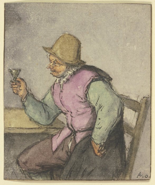 An einem Tisch sitzender Bauer mit Glas, nach links a Adriaen van Ostade