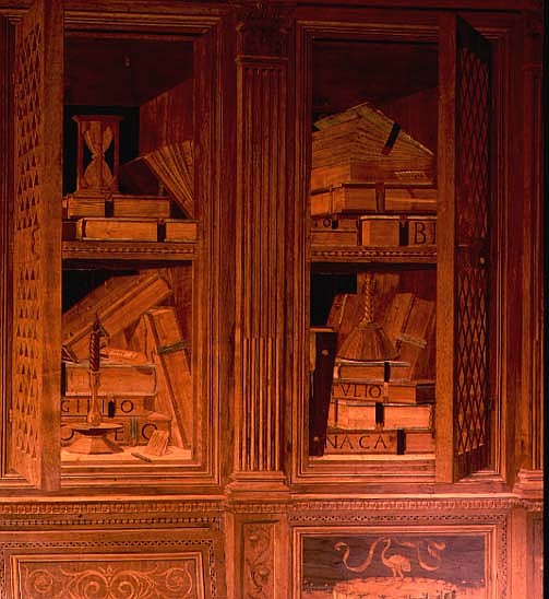 The Study of Federigo da Montefeltro, Duke of Urbino: intarsia panelling depicting a cupboard with l a Baccio Pontelli