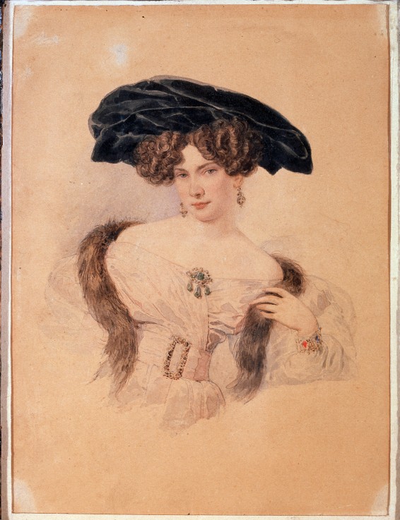 Portrait of the artist Yevdokiya Bakunina (1793-1882) in black beret a Brüllow