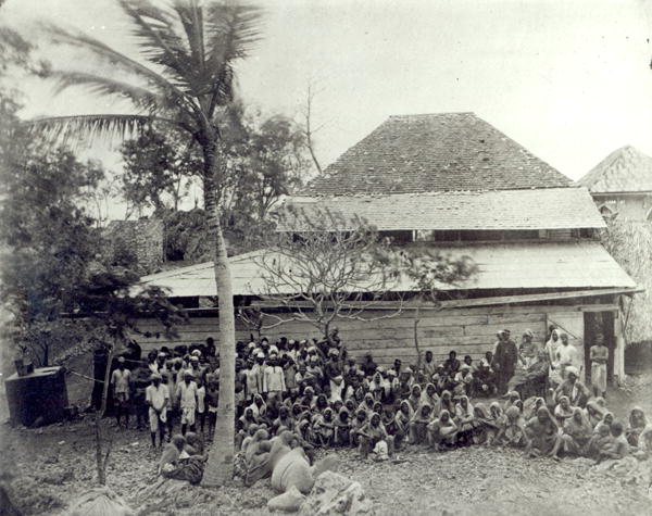 Plantation Workers on arrival from India, mustered at Depot, c.1891 (b/w photo)  a English Photographer