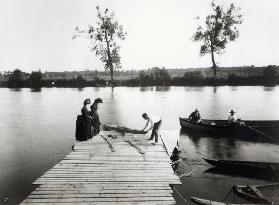 Scena di canottaggio a Ile-de-France, 1880 circa (foto in bianco e nero) - fotografo francese