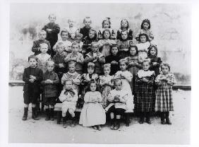 Children playing an educational game (b/w photo) 