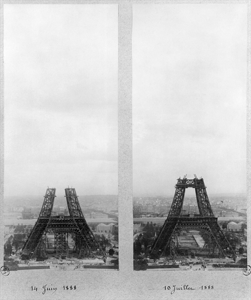 Two views of the construction of the Eiffel Tower, Paris, 14th June and 10th July 1888 (b/w photo)  a French Photographer