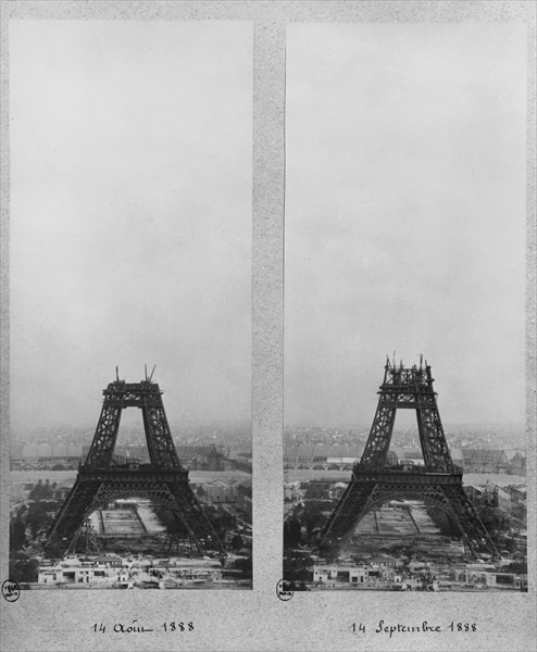 Two views of the construction of the Eiffel Tower, Paris, 14th August and 14th September 1888 (b/w p a French Photographer