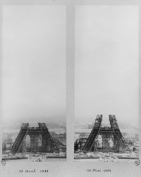 Two views of the construction of the Eiffel Tower, Paris, 10th April and 10th May 1888 (b/w photo)  a French Photographer