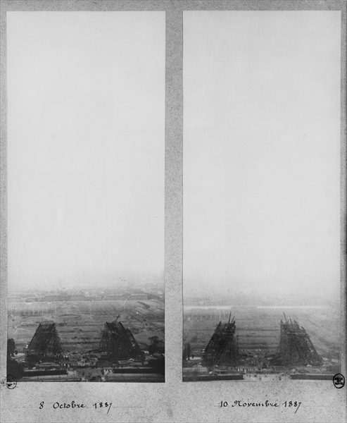 Two views of the construction of the Eiffel Tower, Paris, 8th October and 10th November 1887 (b/w ph a French Photographer