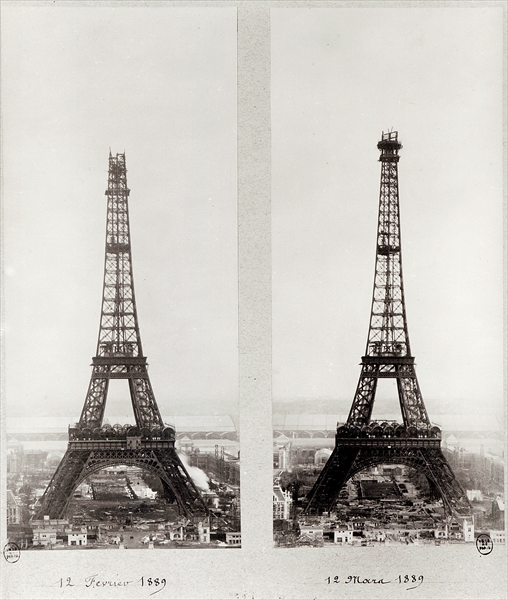 Two views of the construction of the Eiffel Tower, Paris, 12th February and 12th March 1889 (b/w pho a French Photographer