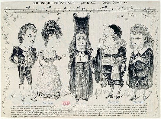 Five caricatures of the cast of a French production of ''The Barber of Seville'', a Gioachino Rossini