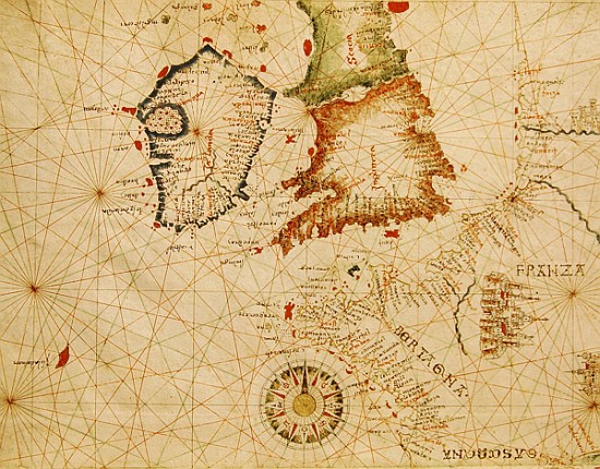 The French Coast, England, Scotland and Ireland, from a nautical atlas, 1520(detail from 330910) a Giovanni Xenodocus da Corfu