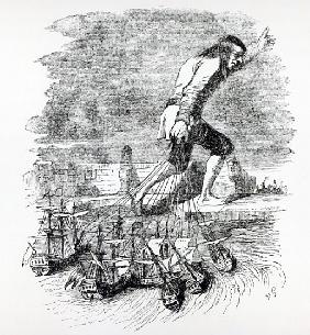 Gulliver stealing the Blefuscudian fleet, illustration from ''Gullivers Travels'' Jonathan Swift