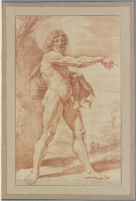 Nackter Mann, ein Gewand unter dem Arm tragend, nach rechts zeigend