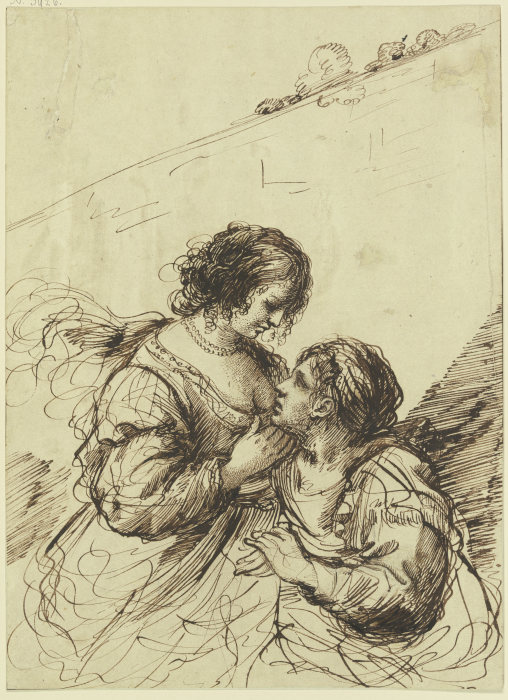 Vor einer hohen Mauer zwei Frauen einander liebkosend a Guercino (Giovanni Francesco Barbieri)