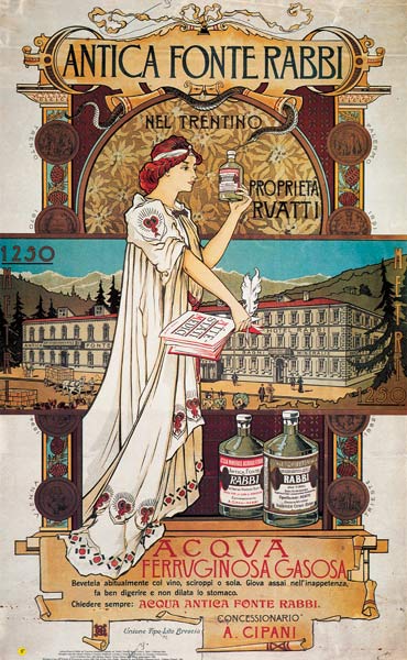 Poster advertising medicinal water from the 'Antica Fonte di Rabbi nel Trentino' a Scuola Italiana