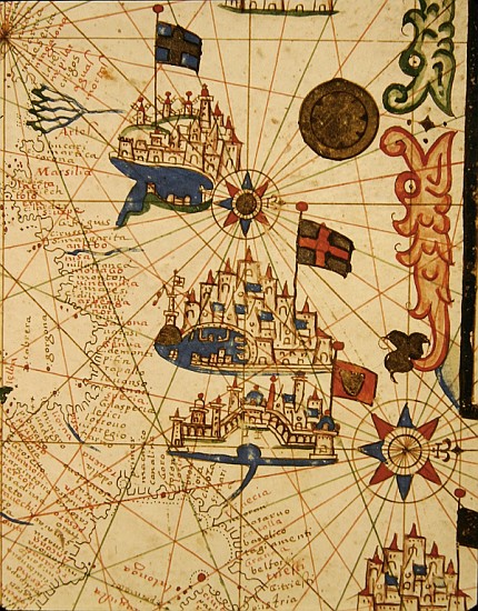 Marseille, Genoa and Venice, from a nautical atlas, 1646(detail from 330937) a Scuola Italiana