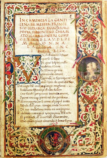 Ms.392 fol.1 Song in praise of Laure, from ''Sonetti, Canzoni e Triomphi'' Petrarch (1304-74) 1470 a Scuola Italiana