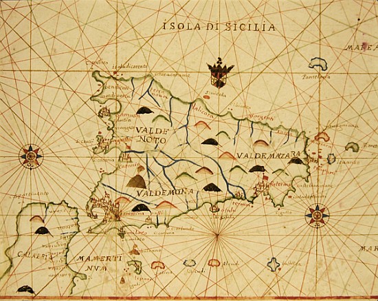 Sicily and the Straits of Messina, from a nautical atlas, 1646 (ink on vellum) a Scuola Italiana