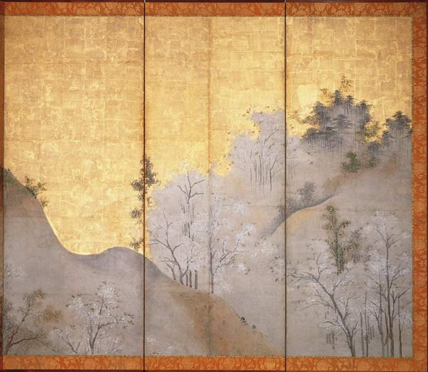 Spring Landscape (pen & ink, colour, gold paper on panel) (see 216558) a Linkoku