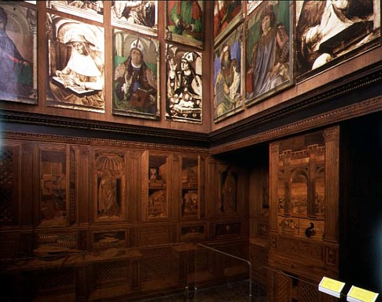The Study of Federigo da Montefeltro, Duke of Urbino: intarsia panelling depicting open cupboards an a Pedro Berruguete