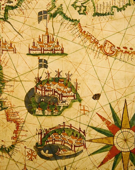 The Cities of Marseille and Genoa with their ports, from a nautical atlas, 1651(detail from 330919) a Pietro Giovanni Prunes