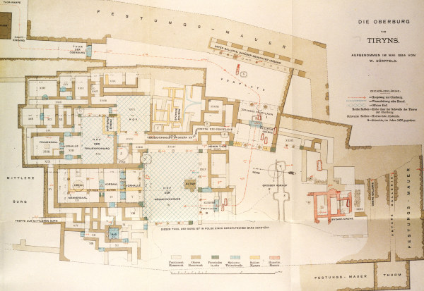 Tiryns , Map of the upper castle a Schliemann