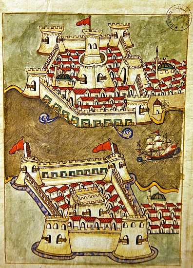 Ms. cicogna 1971, miniature from the ''Memorie Turchesche'' depicting fortresses on the Bosphorus a Venetian School