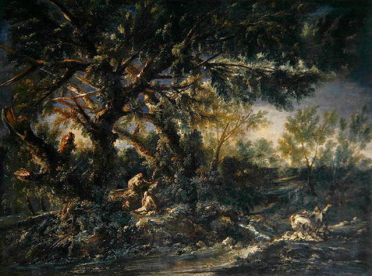 Landscape with Monks praying, or The Great Wood (oil on canvas) a A. Magnasco