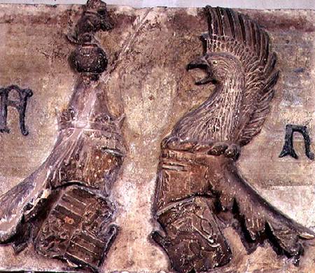Memorial plaque carved with two tournament jousting helmets bearing the coat of arms of the Gonzaga a a sculptor from the School of Mantua