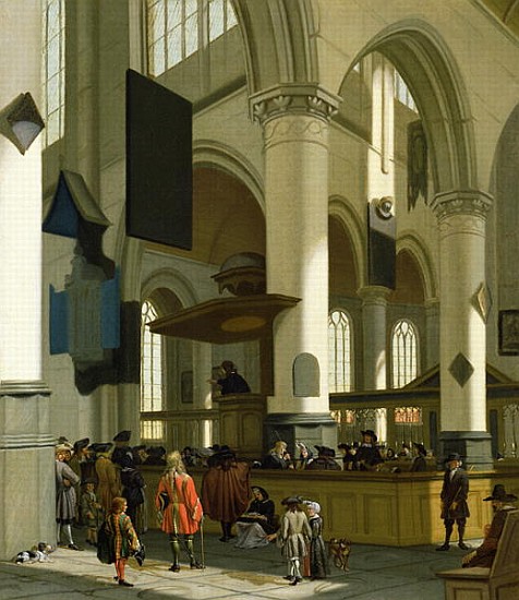 Interior of the Oude Kerk, Delft, with a preacher a A. Storck