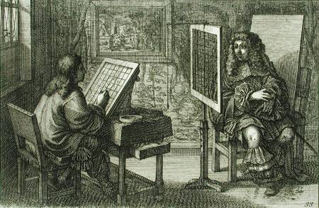 Artist painting a portrait over a grid for accurate proportion a Abraham Bosse
