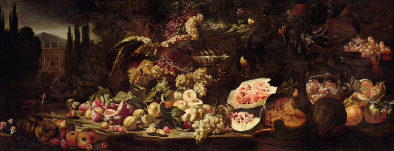 Still life of fruit with a green parrot and a silver vase a Abraham Brueghel