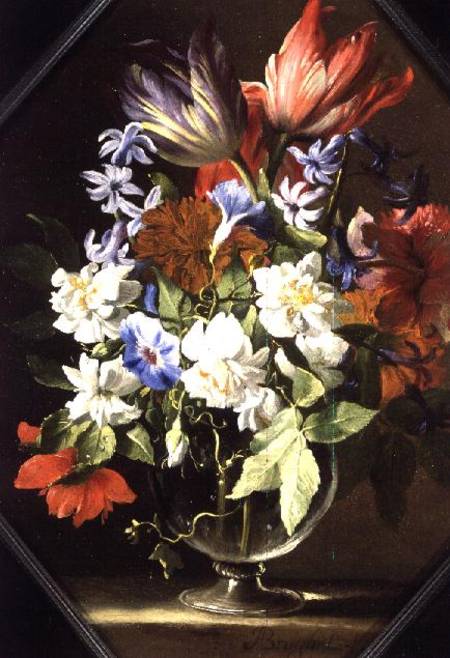 A Vase of Flowers on a Stone Ledge Containing Tulips, Chrysanthemums, Dahlias and Narcissi a Abraham Brueghel