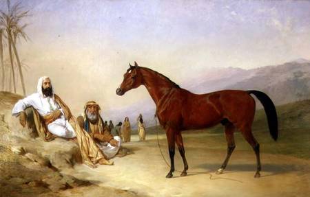 Two Bedouin with a Bay Arab Stallion in the Desert a Abraham Cooper