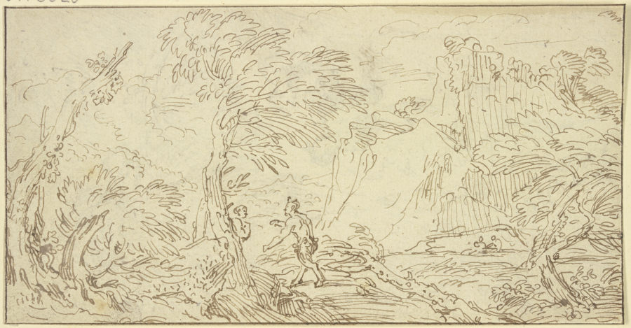 Ein Satyr geht auf ein Weib los, das hinter einem Baum steht a Abraham Genoels d. J.