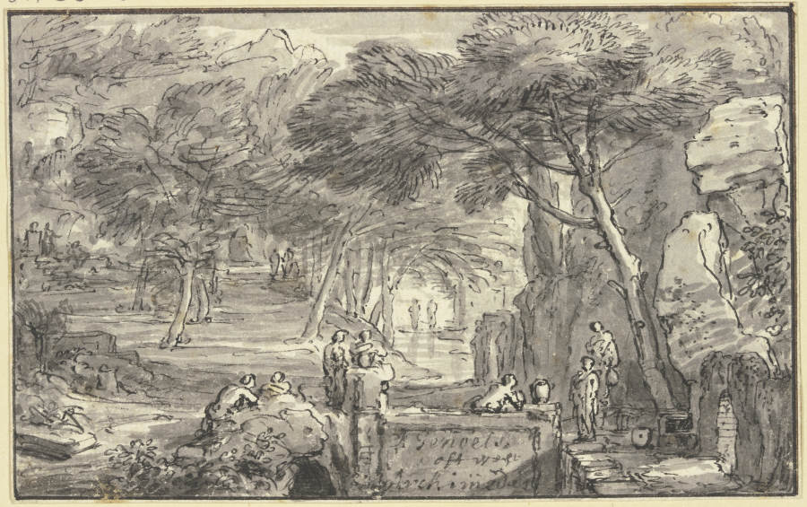 In einem Hain bei einem Brunnen viele Figuren a Abraham Genoels d. J.
