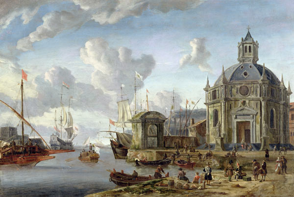 A capriccio of a Mediterranean Harbour with merchants and shipping at anchor a Abraham J. Storck