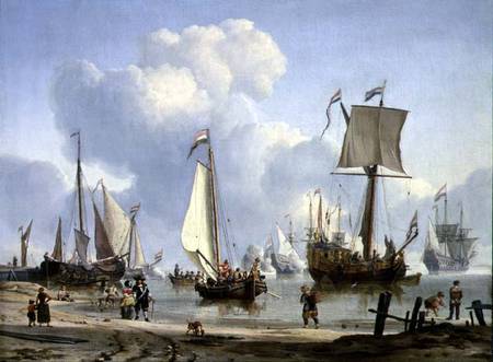 Ships in Calm Water with Figures by the Shore a Abraham J. Storck