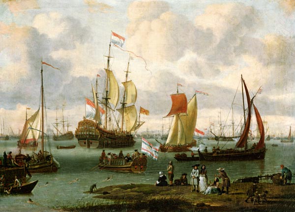 Stroller on the bank of the river Ij with ships a Abraham J. Storck Scuola