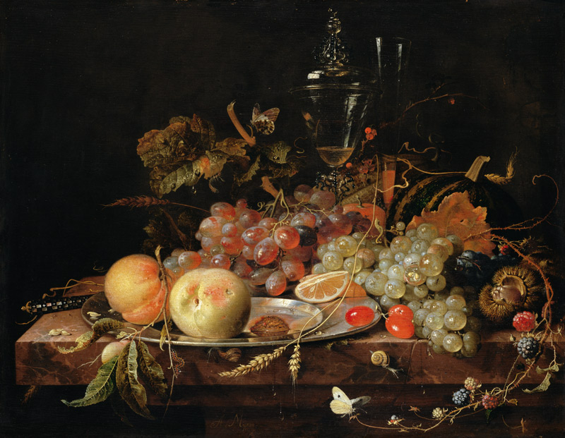 Still Life with Fruit, Tin Plate and Wine Glasses a Abraham Mignon