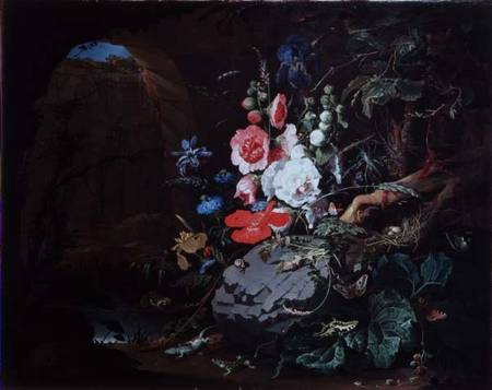 Flowers and birds in a cave a Abraham Mignon