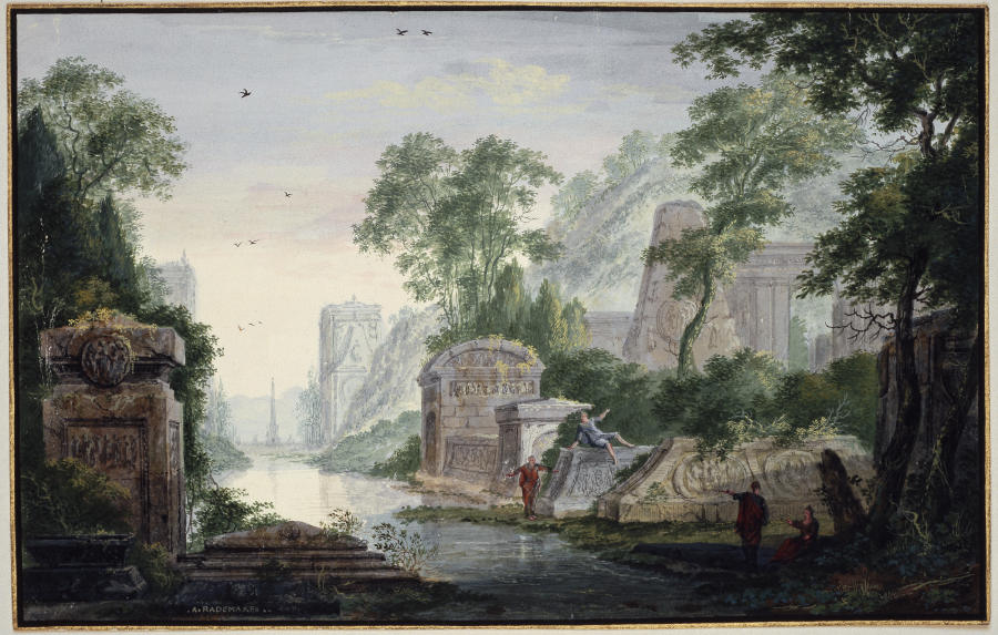 Antike Grabruinen in einer Flusslandschaft a Abraham Rademaker