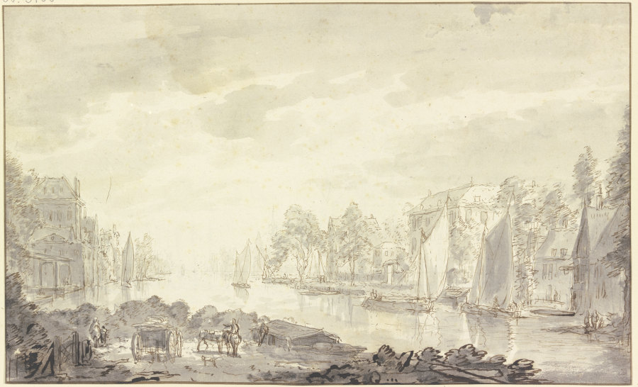 Stadtansicht am Fluss, vorne ein Wagen und Pferde a Abraham Rademaker