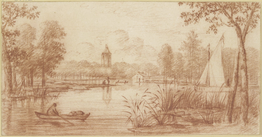 Flussgegend zwischen Bäumen, rechts ein Segelschiff, links ein Boot, im Hintergrund ein Turm a Abraham Rutgers