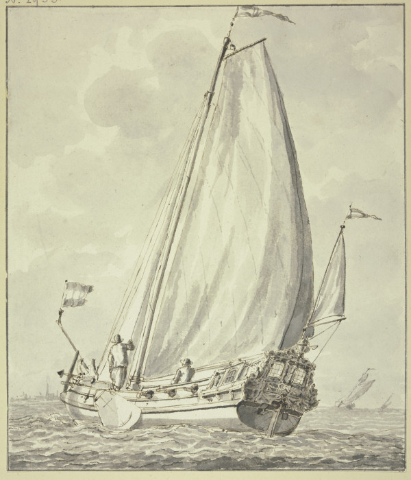 Boot mit zwei Mann, nach links segelnd a Abraham Storck il vecchio