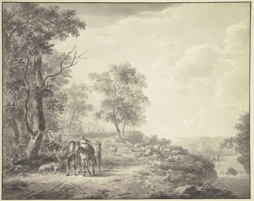 An einem Abhang ein schlafender Schäfer mit seiner Herde, weiter links eine Bäuerin zu Pferde umgebe a Abraham Teerlink