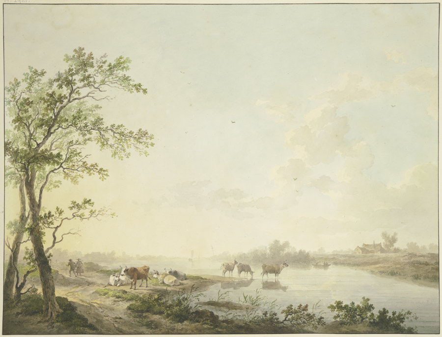 Nebliger Morgen an einem Flusse, am Ufer sieben Kühe, zum Teil im Wasser stehend a Abraham Teerlink