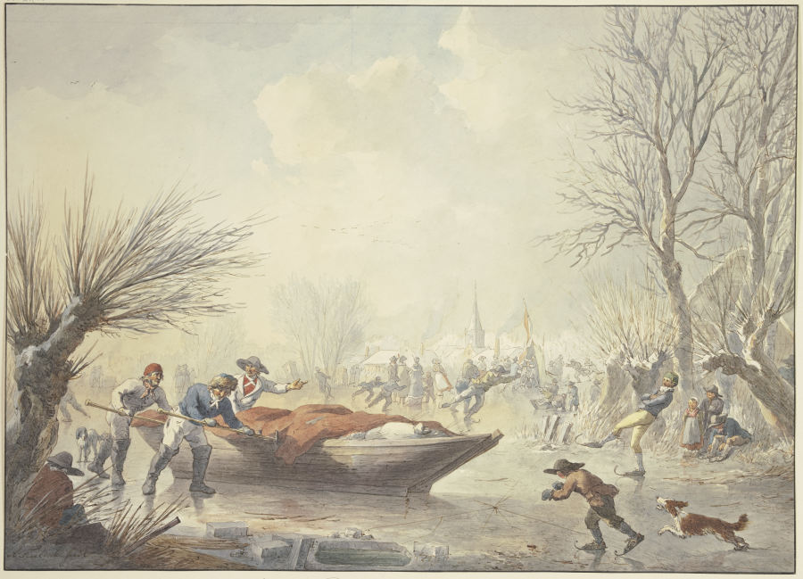 Winterlandschaft, auf dem Eis schieben drei Männer ein Boot dem Land zu, rechts ein Schlittschuhläuf a Abraham Teerlink