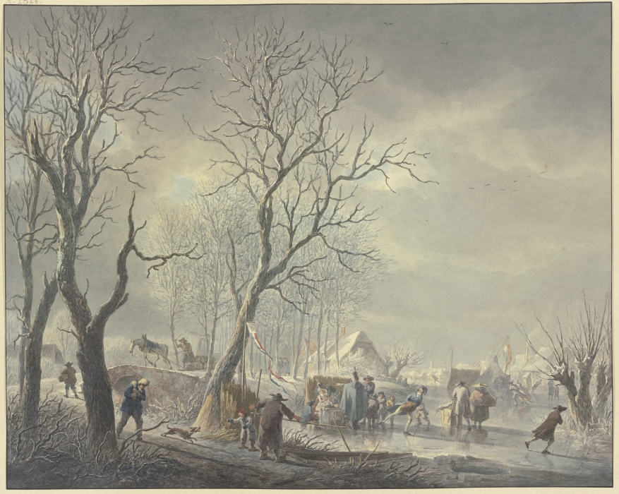 Winterlandschaft, Schlittschuhläufer bei Zelten auf dem Kanal, ein Husar umarmt ein Getränke haltend a Abraham Teerlink