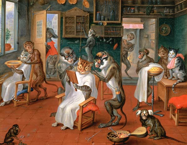 Barber's shop with Monkeys and Cats a Abraham Teniers